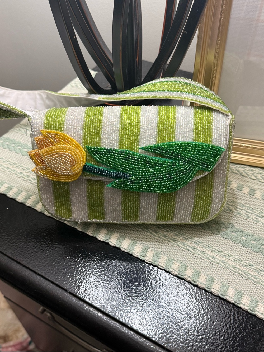 T.J.Maxx Green and White Beaded Tulip Crossbody Bag